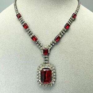 Vintage 1950s Red White Rhinestone Necklace 15" Y Drop MCM Statement Cocktail